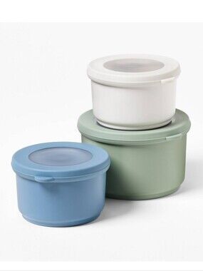 Figmint Set of 3 Round Food Storage Containers in Blue, Sage, and White Nwt